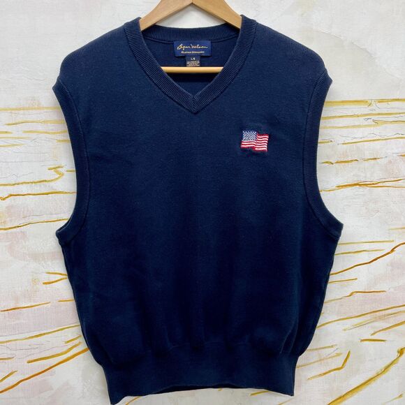 Vintage Sweater Vest Navy Mens Large Byron Nelson Patriotic American Flag USA L - Picture 2 of 6